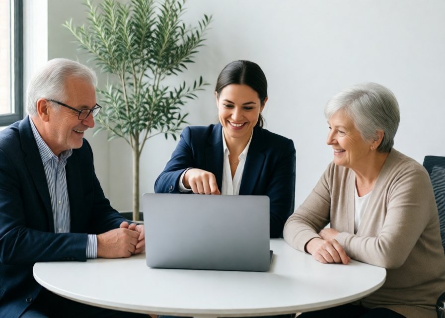 Une conseillère accompagne un couple de copropriétaires devant un ordinateur