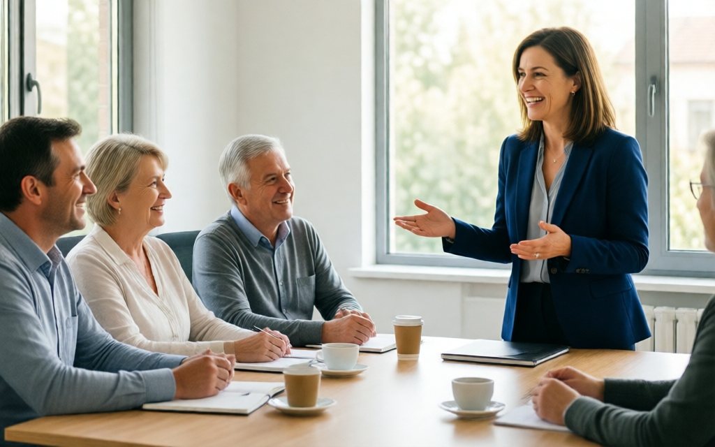 Une formatrice souriante anime une séance devant trois copropriétaires attentifs