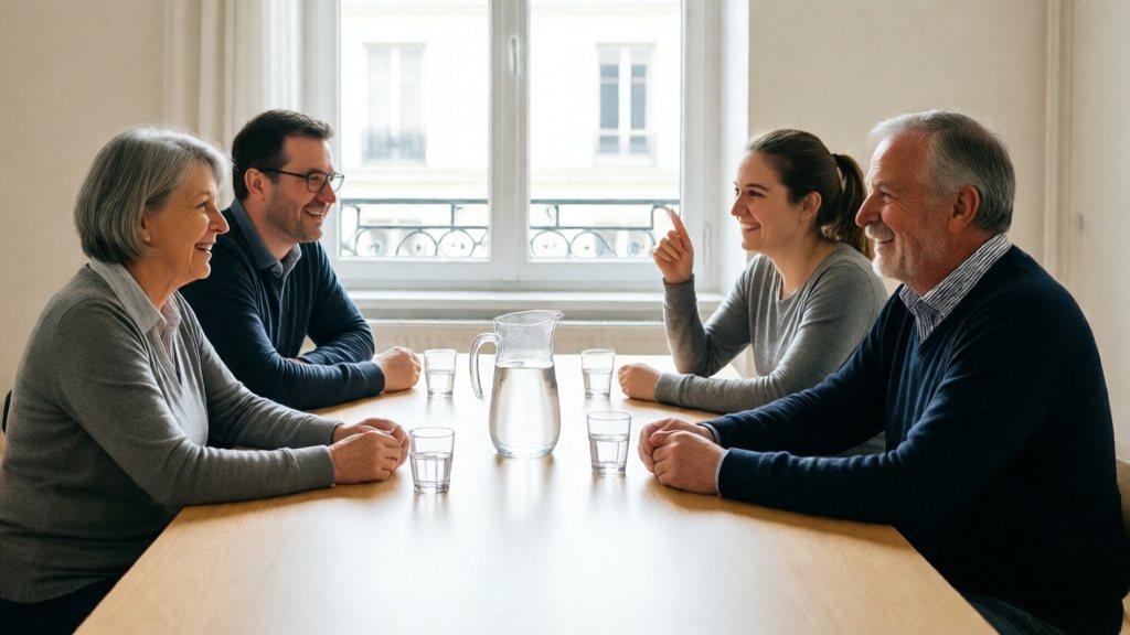 Des copropriétaires souriants réunis autour d'une table pour leur assemblée