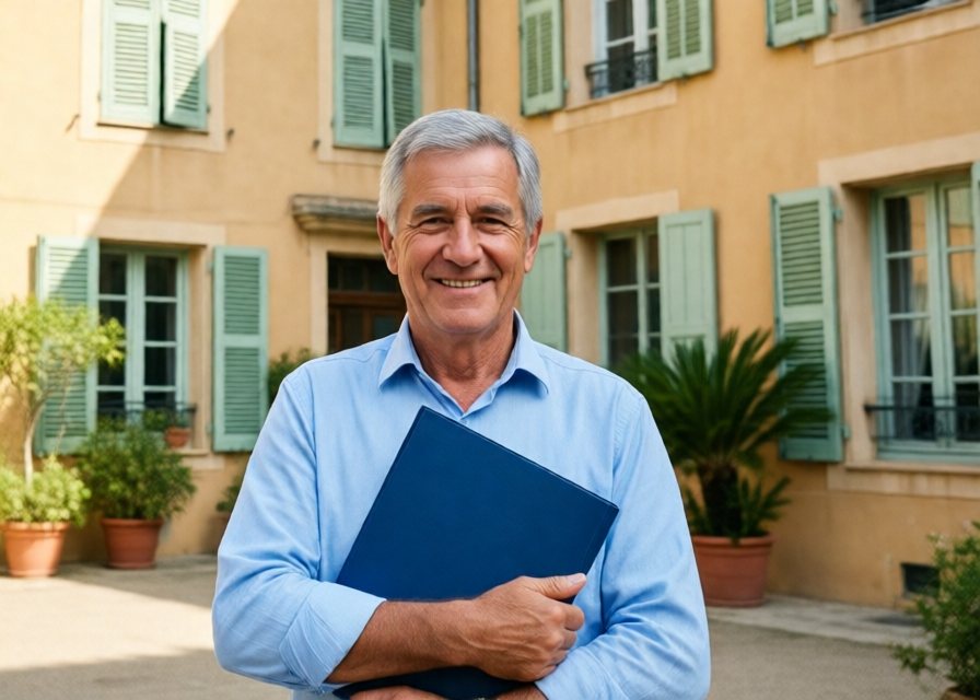 Un syndic bénévole souriant, dossier en main, devant sa résidence